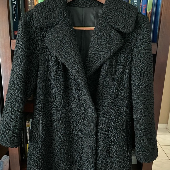 Curly Lamb Long Coat Wool Fur Black Persian Silk Lined Velvet Pockets Vintage - Picture 5 of 13